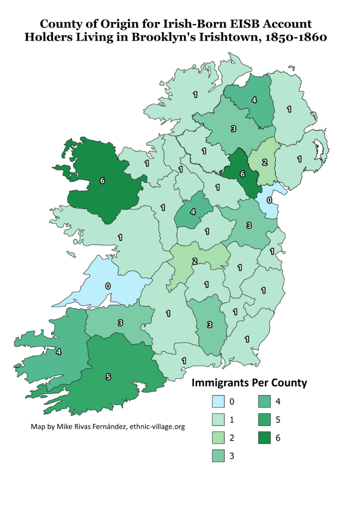 Map showing the county of origin for Irish-Born EISB Account Holders Living in Brooklyn's Irishtown, 1850-1860.