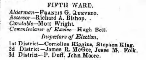 A newspaper clipping of Mott Wright’s 1853 nomination for constable of the 5th ward.