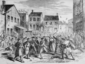 An illustration from Frank Leslie's Illustrated Newspaper that depicts soldiers raiding an illegal distillery in Brooklyn in 1869