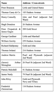 Chart depicting licensed individual liquor dealers in and around Brooklyn's 5th Ward in 1853