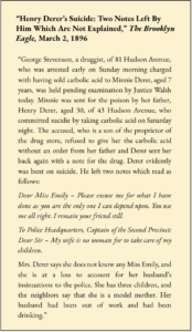 “Henry Derer’s Suicide: Two Notes Left By Him Which Are Not Explained,” The Brooklyn Eagle, March 2, 1896