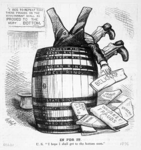 U.S. Secretary of War, William W. Belknap, dives into the Barrel of corruption. (He was impeached for malfeasance in office). Nast cartoon, 1876